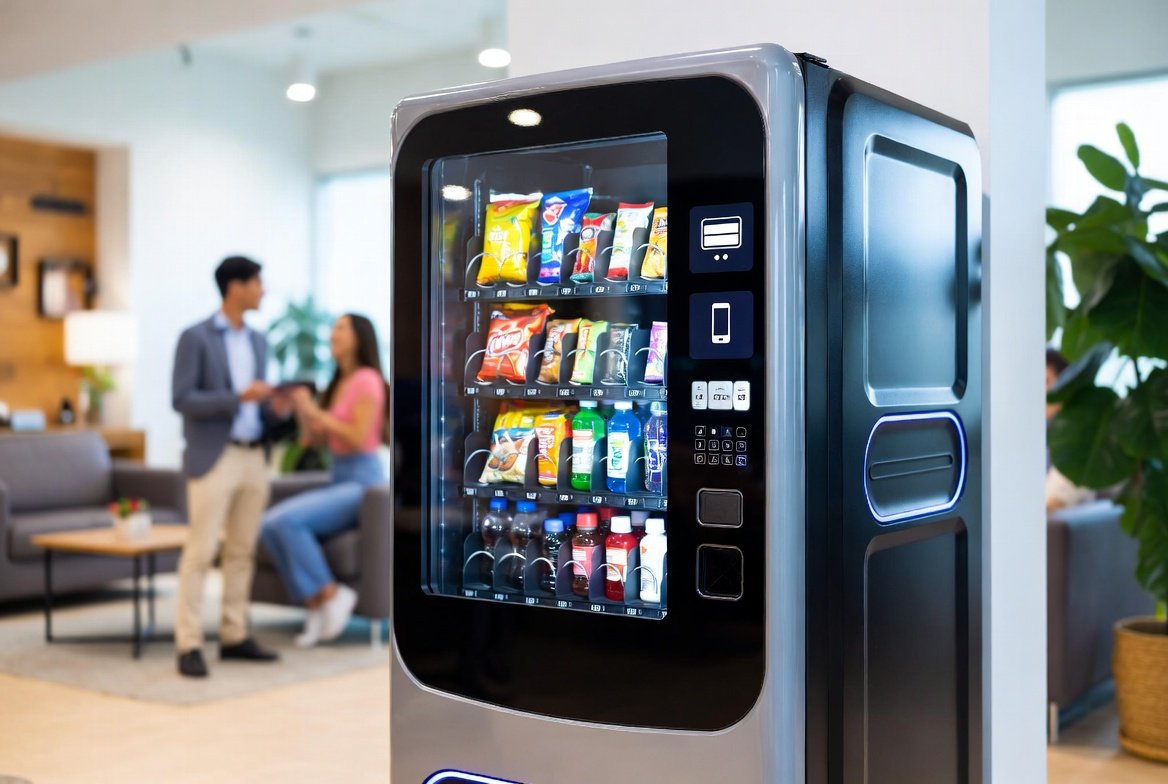 Best combo vending machines for small businesses 2026 - Modern office breakroom setup with sleek snack and drink combo vending machine