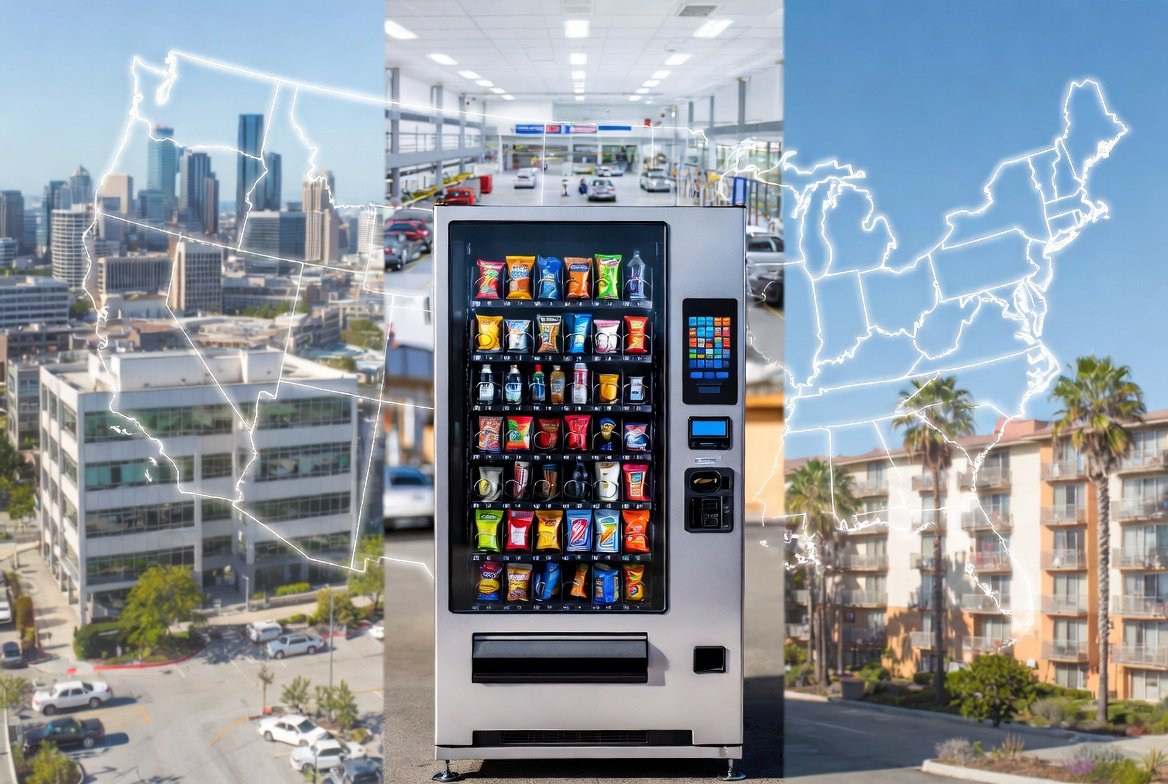 Best vending machine locations in the USA 2026 - Modern combo vending machine with American city, office, and high-traffic location backgrounds
